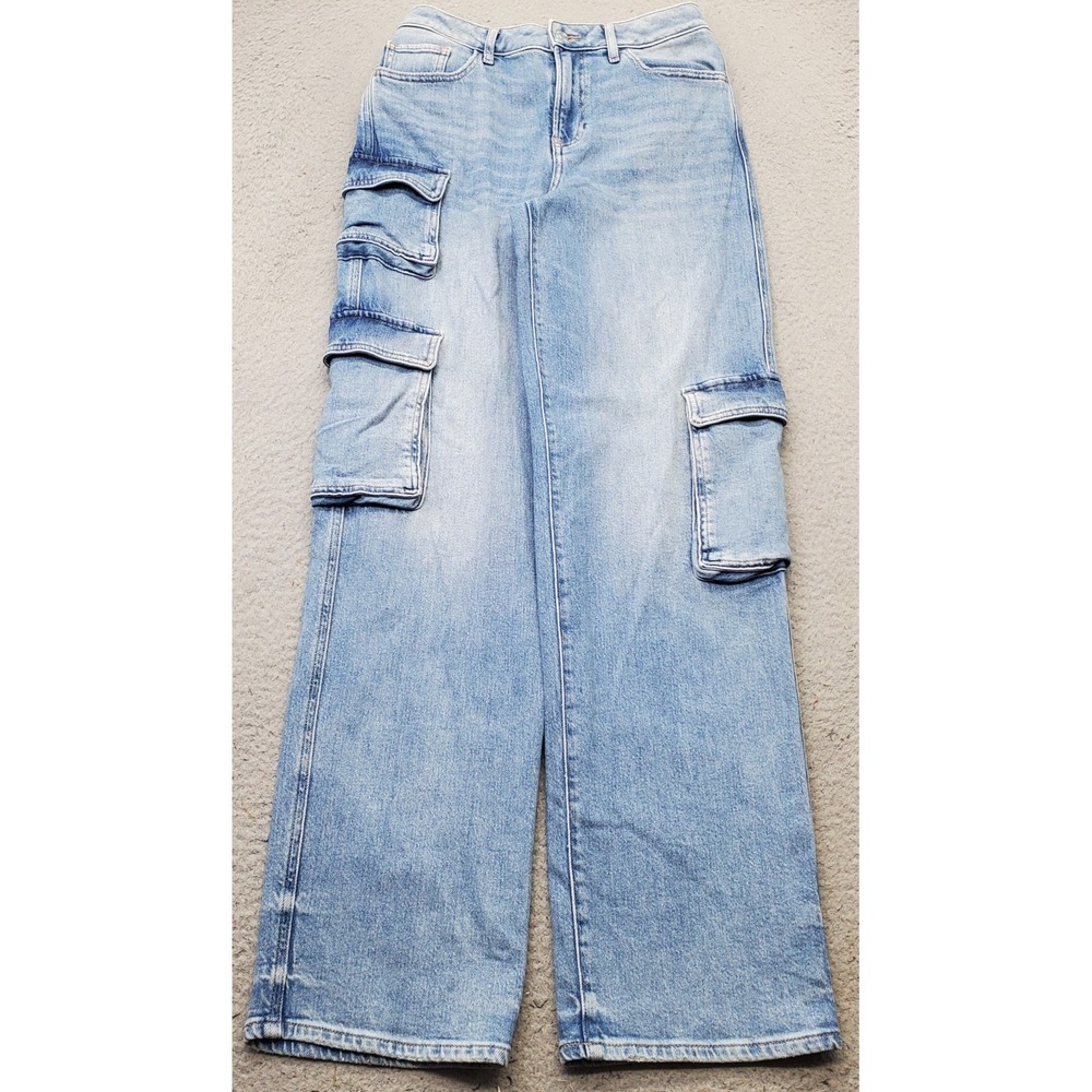 Express Cargo Jeans Womens 2R Denim Stretch High Rise Relaxed Fit Straight Leg
